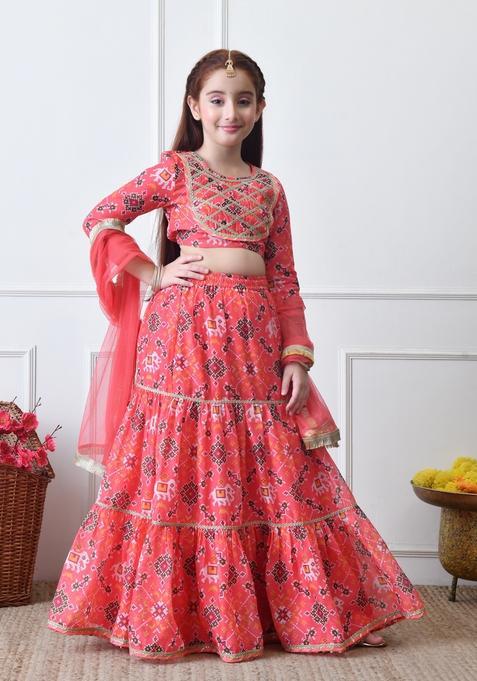 Peach Printed Silk Lehenga Choli For Girl