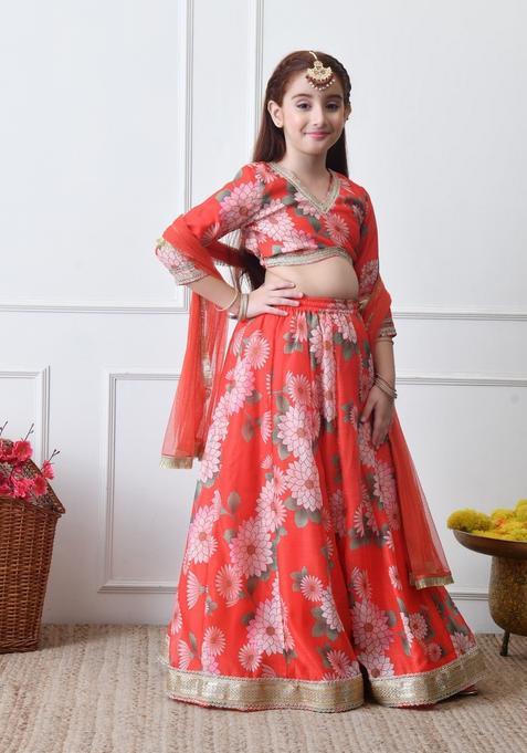 Red Printed Silk Lehenga Choli For Girl