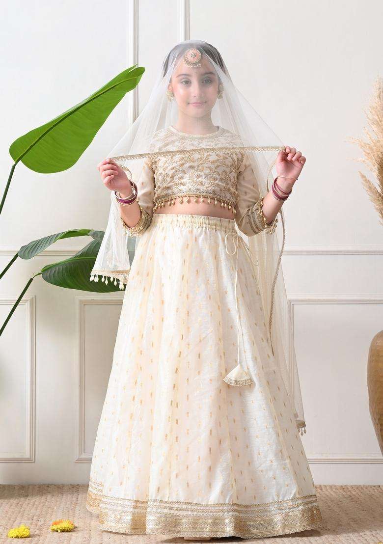 Off White Embellished Silk Lehenga Choli For Girl - Indya