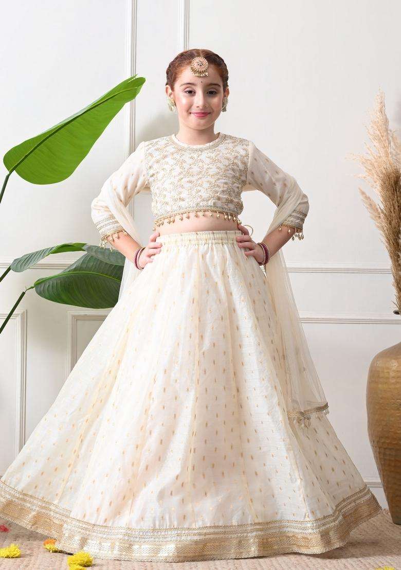 Off White Embellished Silk Lehenga Choli For Girl - Indya