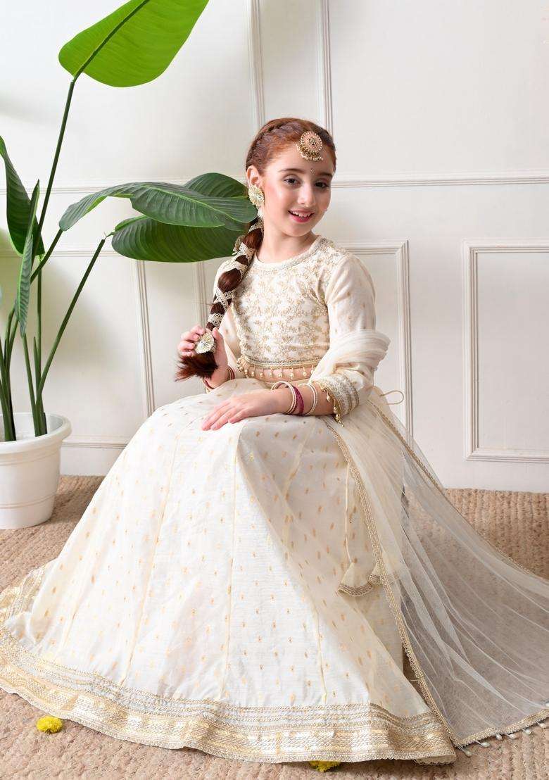 Off White Embellished Silk Lehenga Choli For Girl - Indya