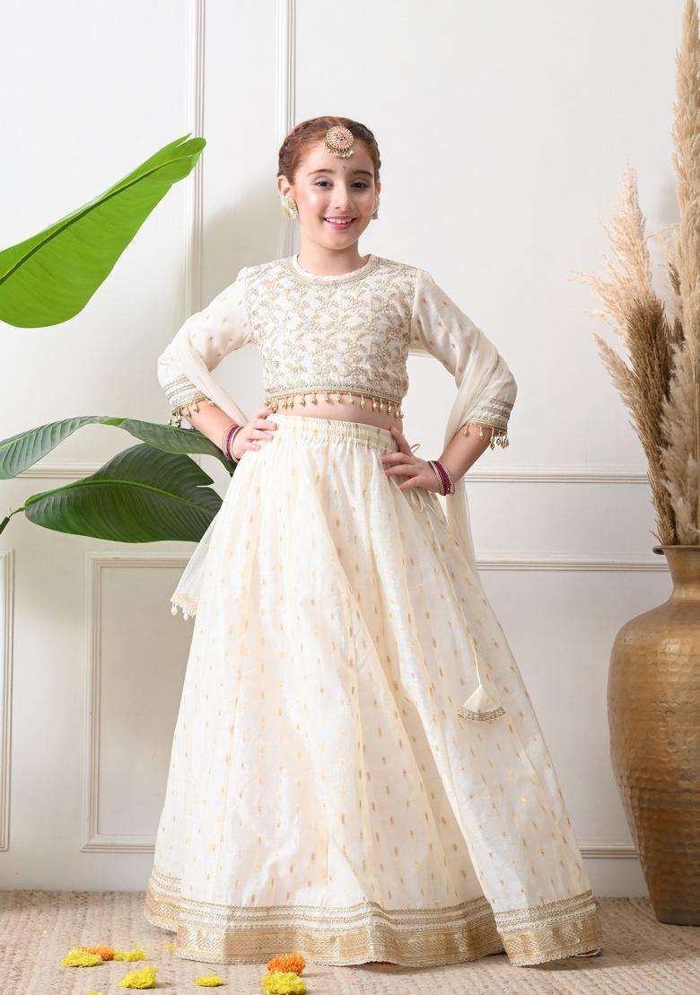 Off White Embellished Silk Lehenga Choli For Girl - Indya