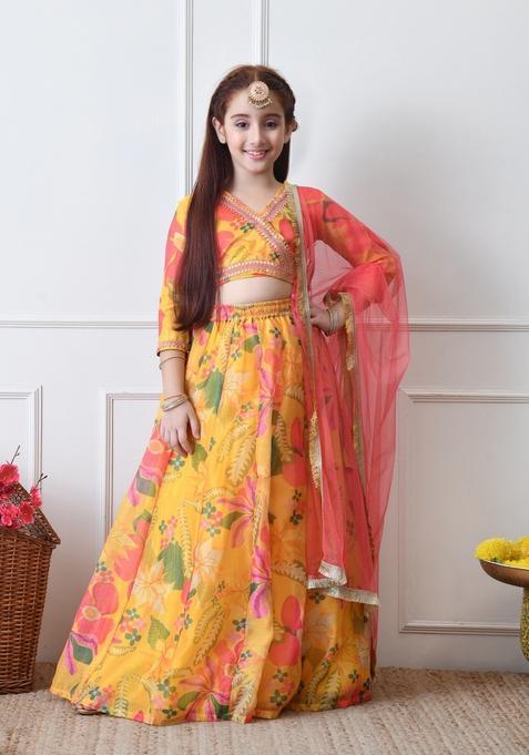 Yellow Embellished Silk Lehenga Choli For Girl