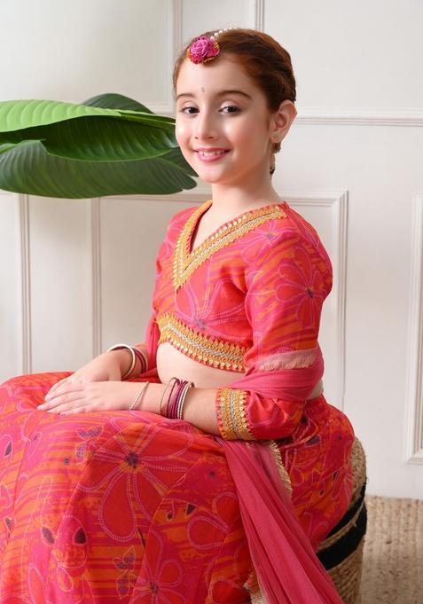 Pink Embellished Silk Lehenga Choli For Girl