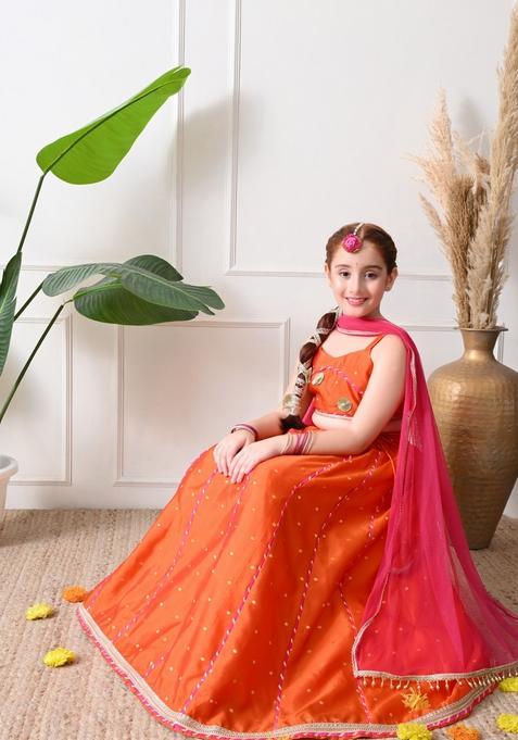 Orange Embellished Silk Lehenga Choli For Girl — view on Indya