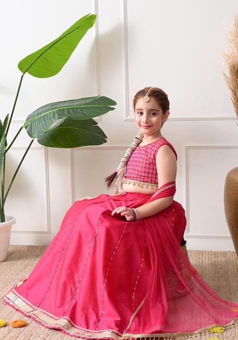 Pink Embellished Silk Lehenga Choli For Girl