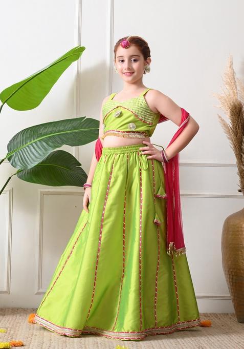 Green Embellished Silk Lehenga Choli For Girl