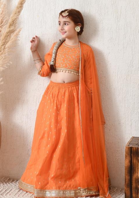 Orange Embellished Silk Lehenga Choli For Girl — view on Indya