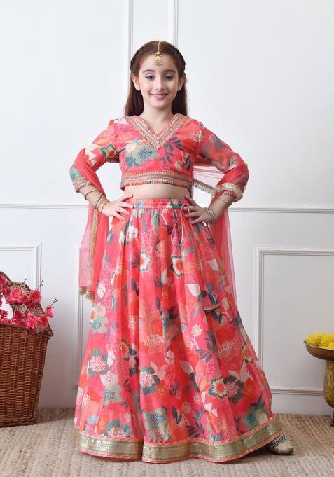 Peach Embellished Silk Lehenga Choli For Girl