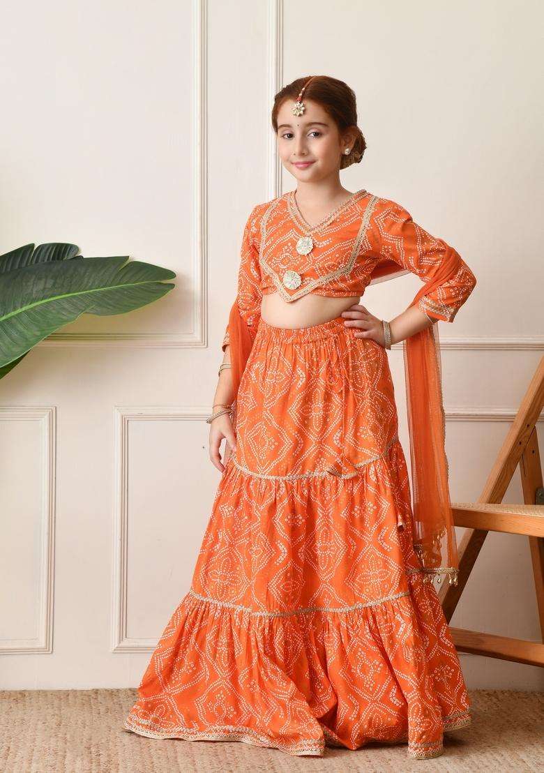 Orange Embellished Viscose Lehenga Choli For Girl - Indya
