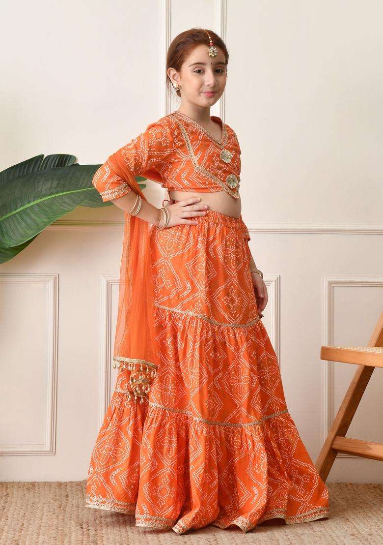 Orange Embellished Viscose Lehenga Choli For Girl - Indya