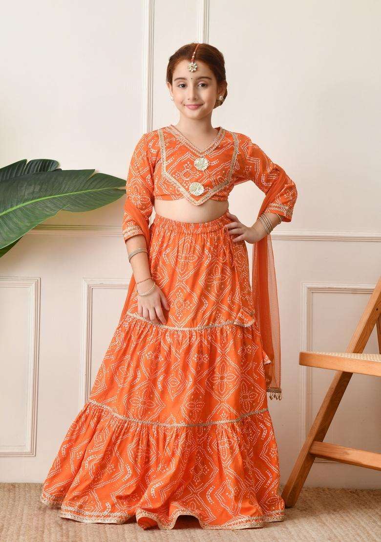 Orange Embellished Viscose Lehenga Choli For Girl - Indya