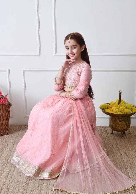 Pink Embellished Silk Lehenga Choli For Girl