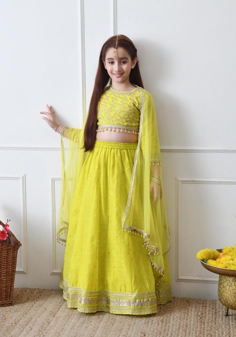 Green Embellished Silk Lehenga Choli For Girl