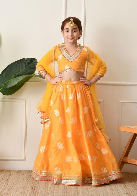 Yellow Embellished Silk Lehenga Choli For Girl