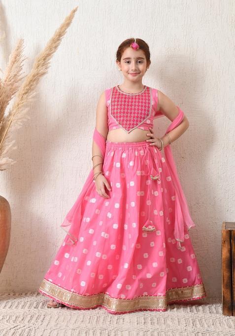 Pink Embellished Silk Lehenga Choli For Girl