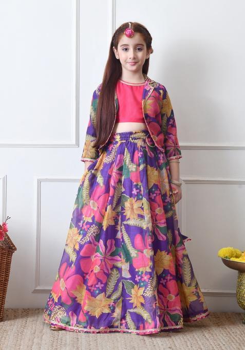 Purple Embellished Silk Lehenga Choli For Girl