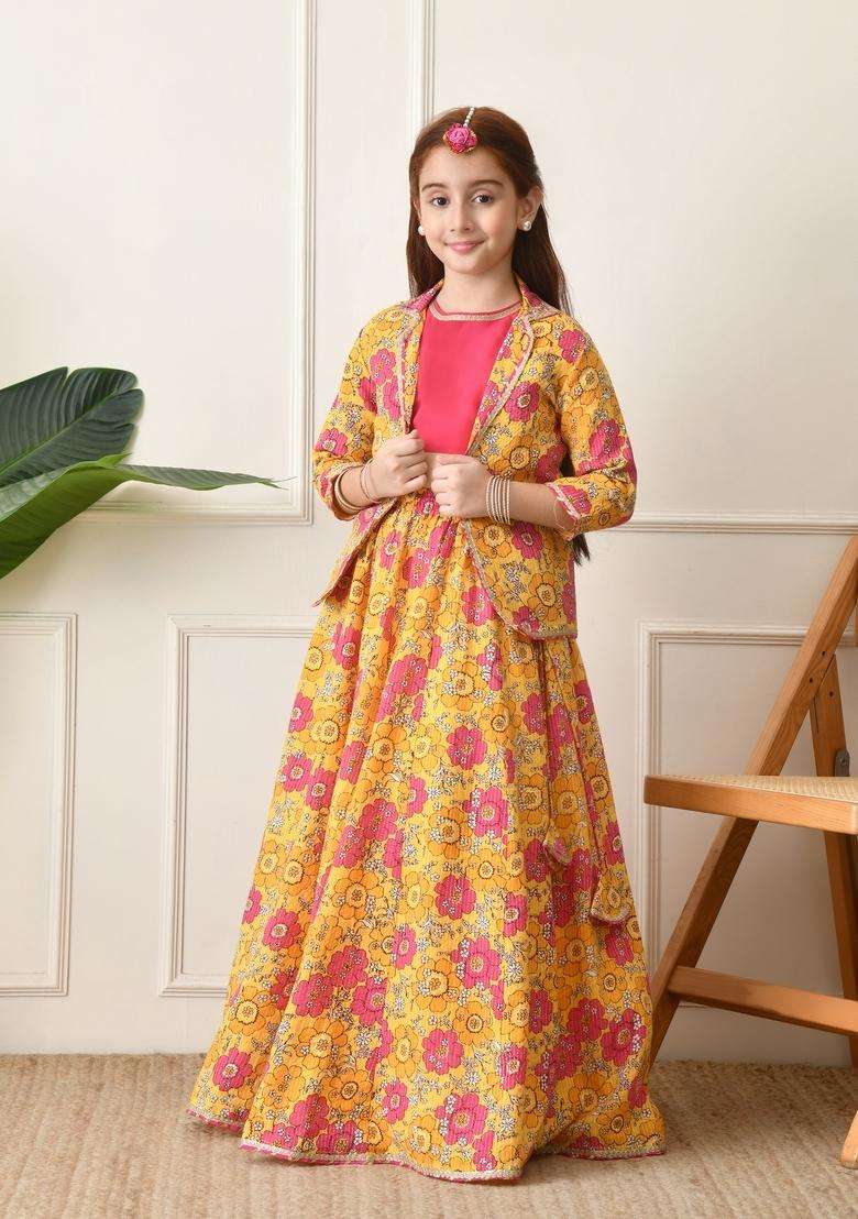 Yellow Embellished Cotton Lehenga Choli For Girl - Indya