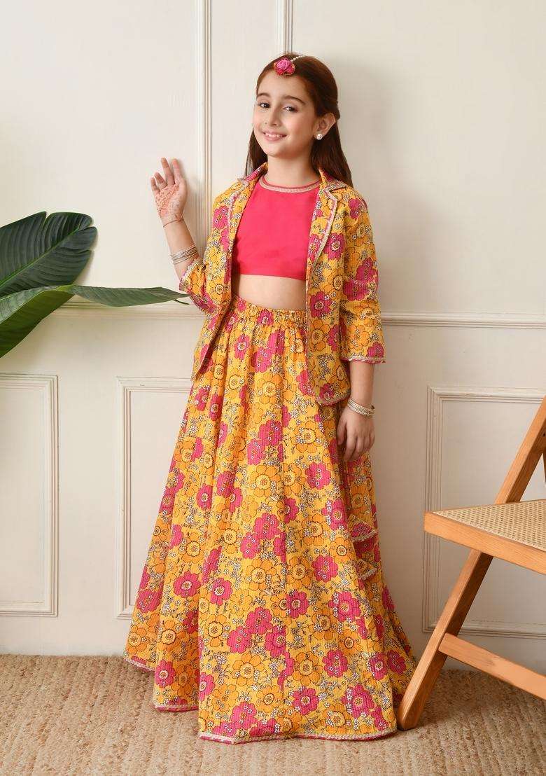 Yellow Embellished Cotton Lehenga Choli For Girl - Indya