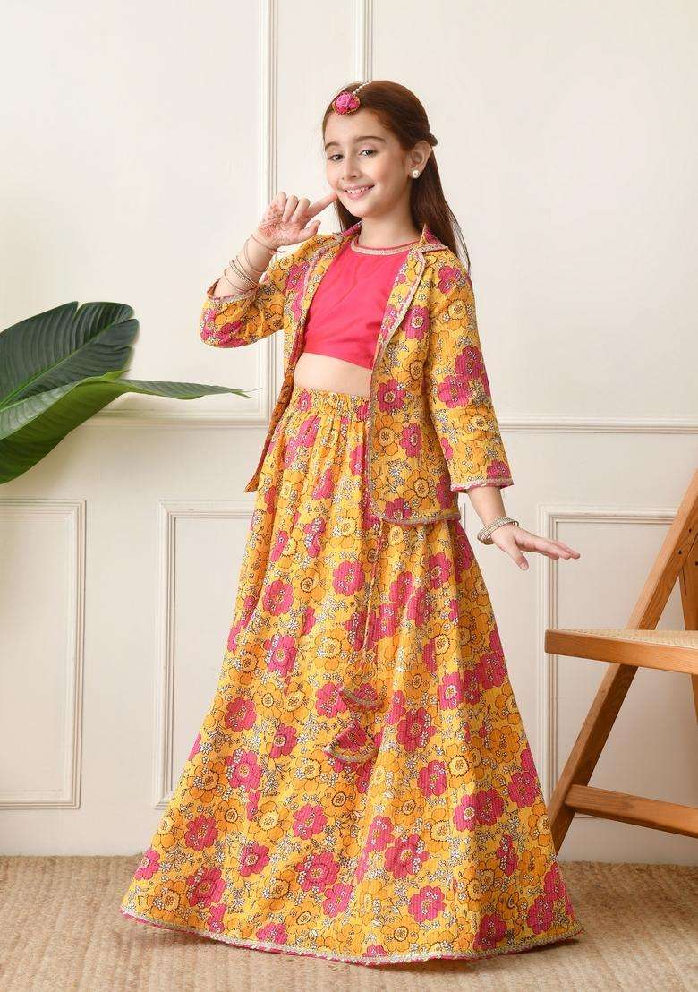 Yellow Embellished Cotton Lehenga Choli For Girl - Indya