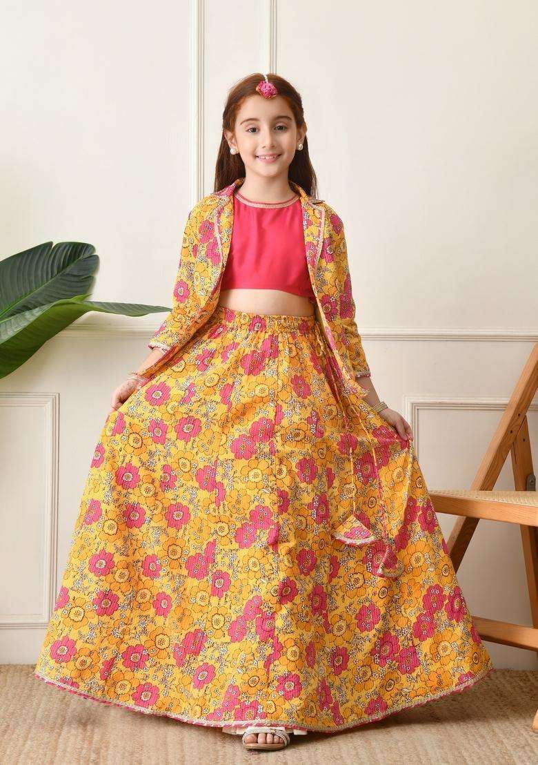 Yellow Embellished Cotton Lehenga Choli For Girl - Indya