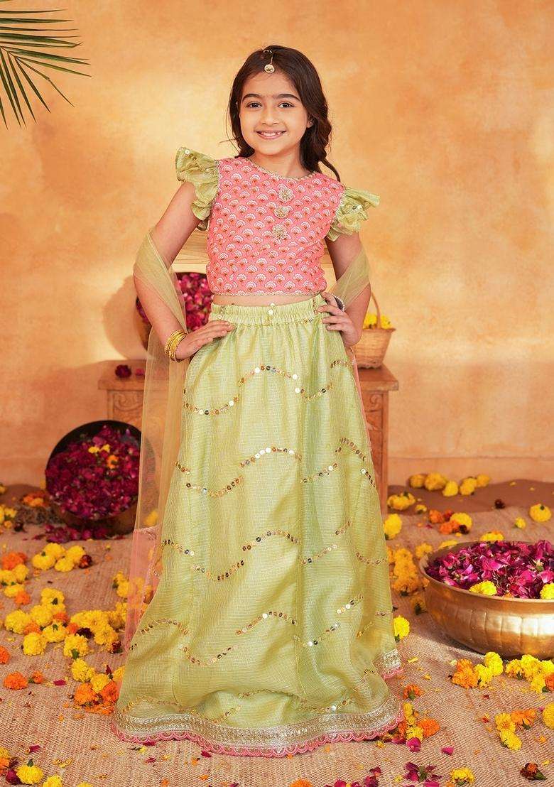 Pink Woven Cotton Lehenga choli For Girl - Indya