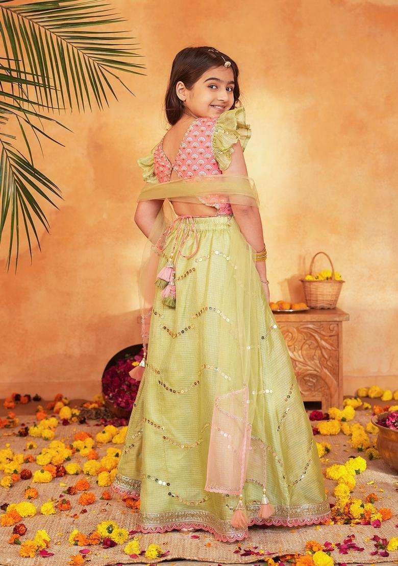 Pink Woven Cotton Lehenga choli For Girl - Indya