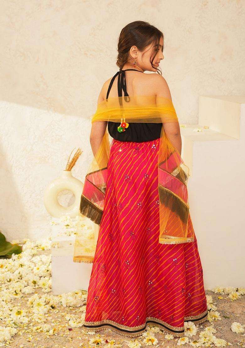 Black Woven Cotton Lehenga choli For Girl - Indya