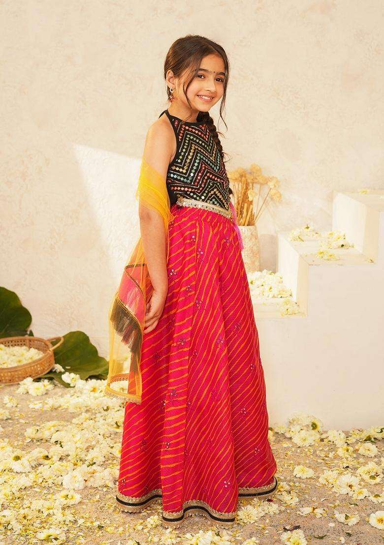 Black Woven Cotton Lehenga choli For Girl - Indya