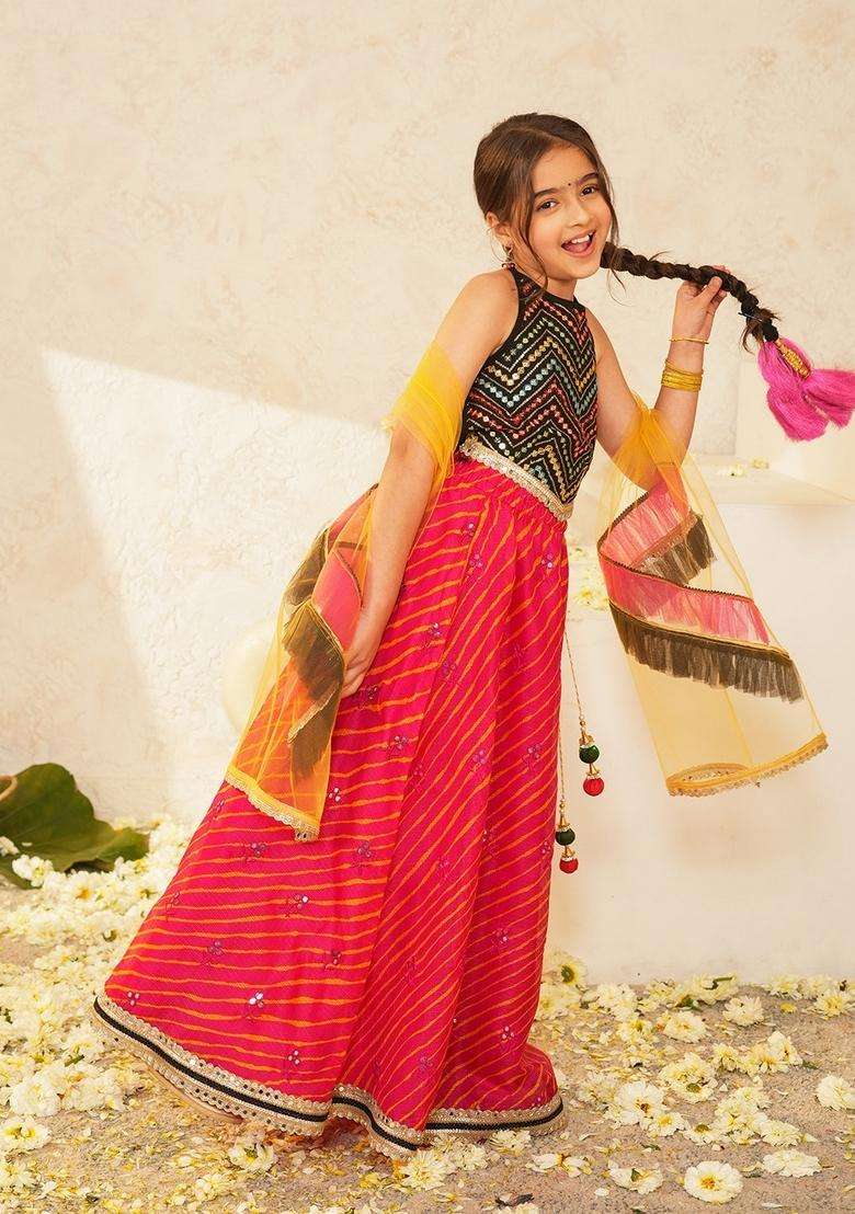Black Woven Cotton Lehenga choli For Girl - Indya
