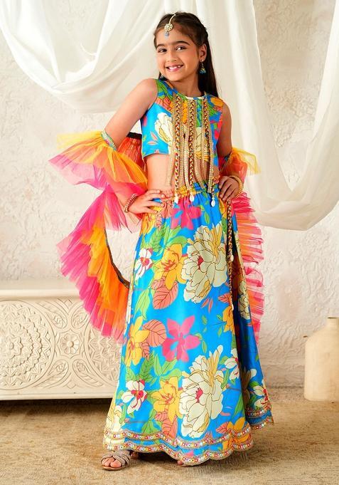 Blue Floral Print Cotton Lehenga Choli For Girl