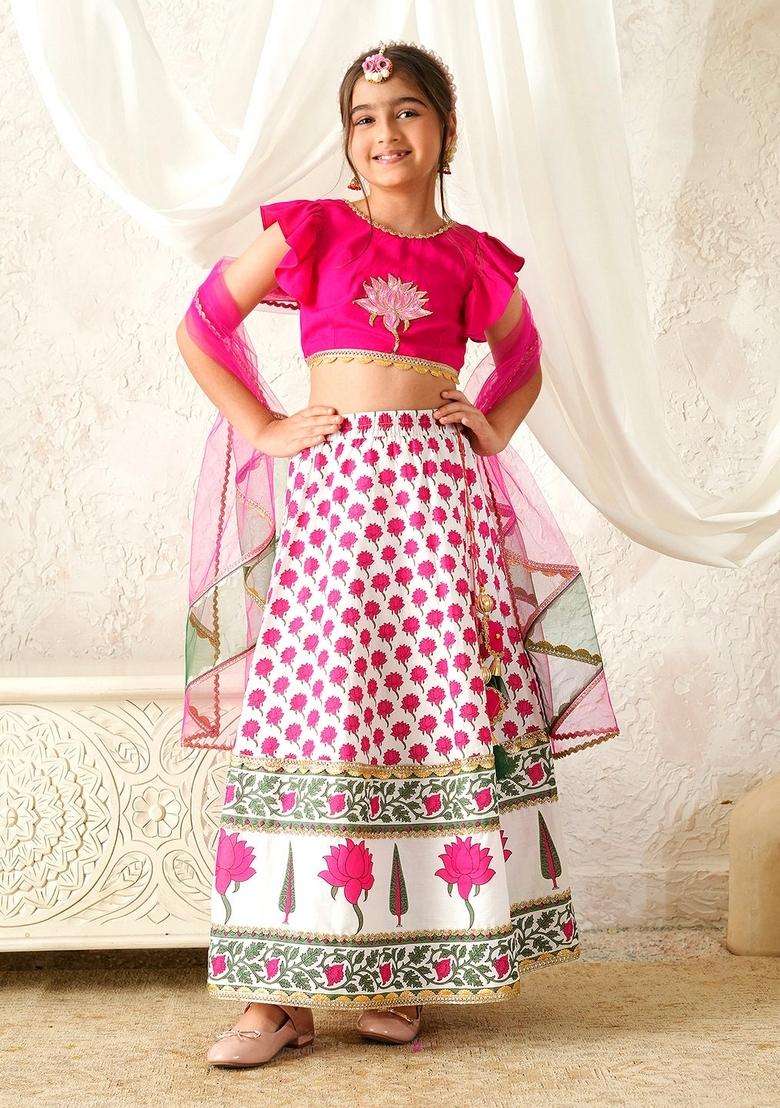 Magenta Floral Print Cotton Lehenga Choli For Girl - Indya