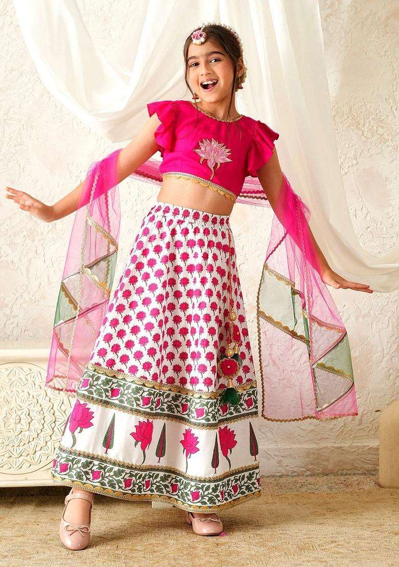 Magenta Floral Print Cotton Lehenga Choli For Girl - Indya