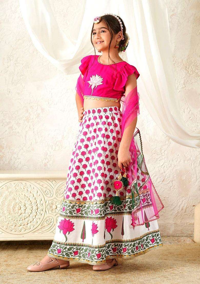 Magenta Floral Print Cotton Lehenga Choli For Girl - Indya