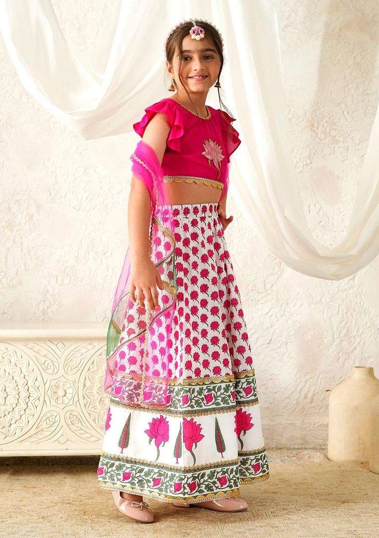Magenta Floral Print Cotton Lehenga Choli For Girl - Indya