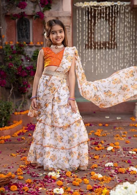 Orange Floral Print Georgette Lehenga Choli For Girl — view on Indya