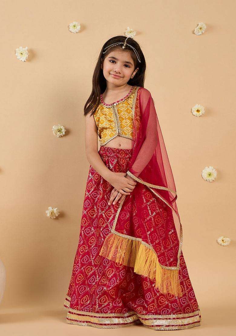 Mustard Floral Print Viscose Lehenga Choli For Girl - Indya