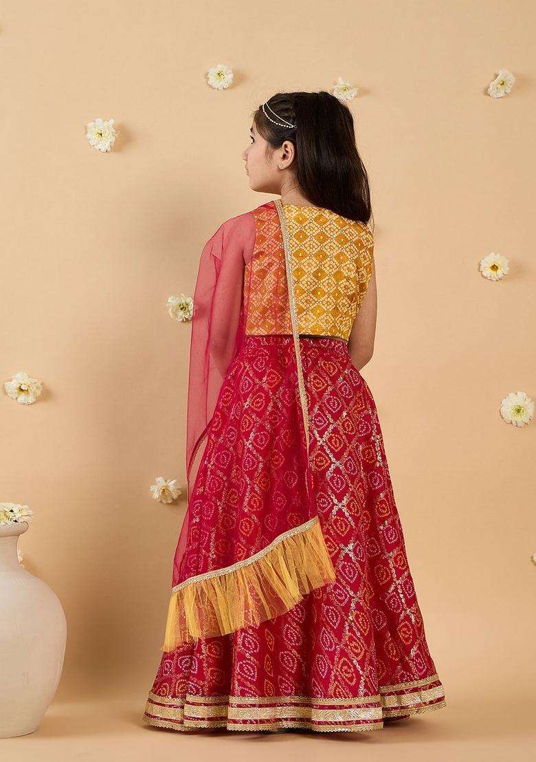 Mustard Floral Print Viscose Lehenga Choli For Girl - Indya