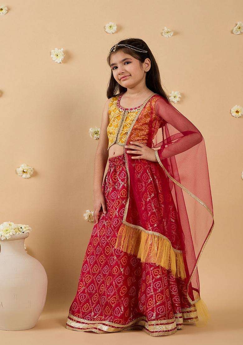 Mustard Floral Print Viscose Lehenga Choli For Girl - Indya