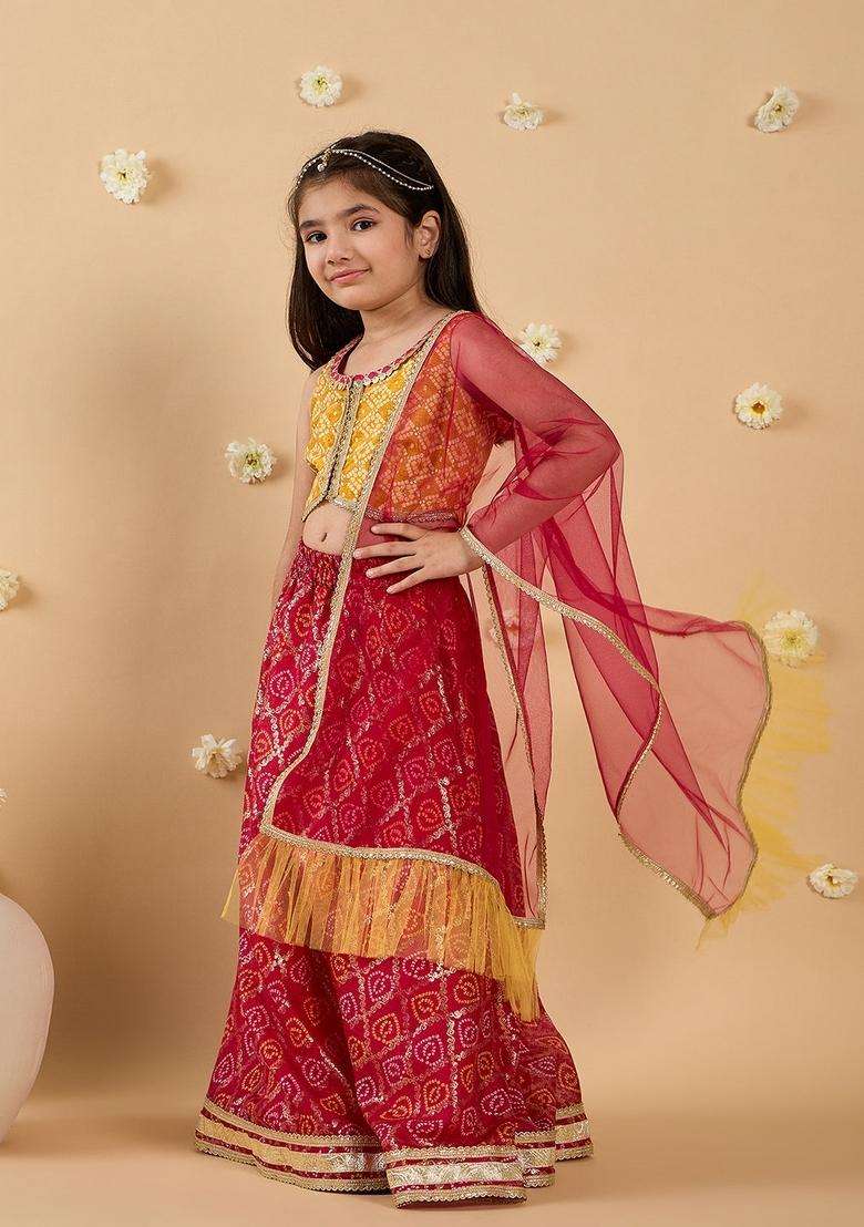 Mustard Floral Print Viscose Lehenga Choli For Girl - Indya