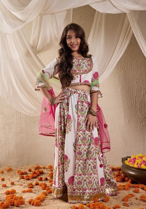 White Floral Print Cotton Lehenga Choli For Girl