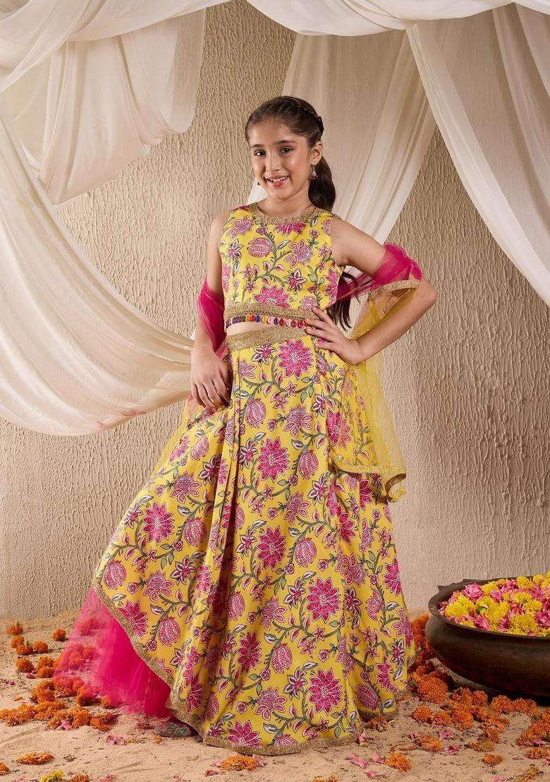 Yellow Floral Print Cotton Lehenga Choli For Girl - Indya