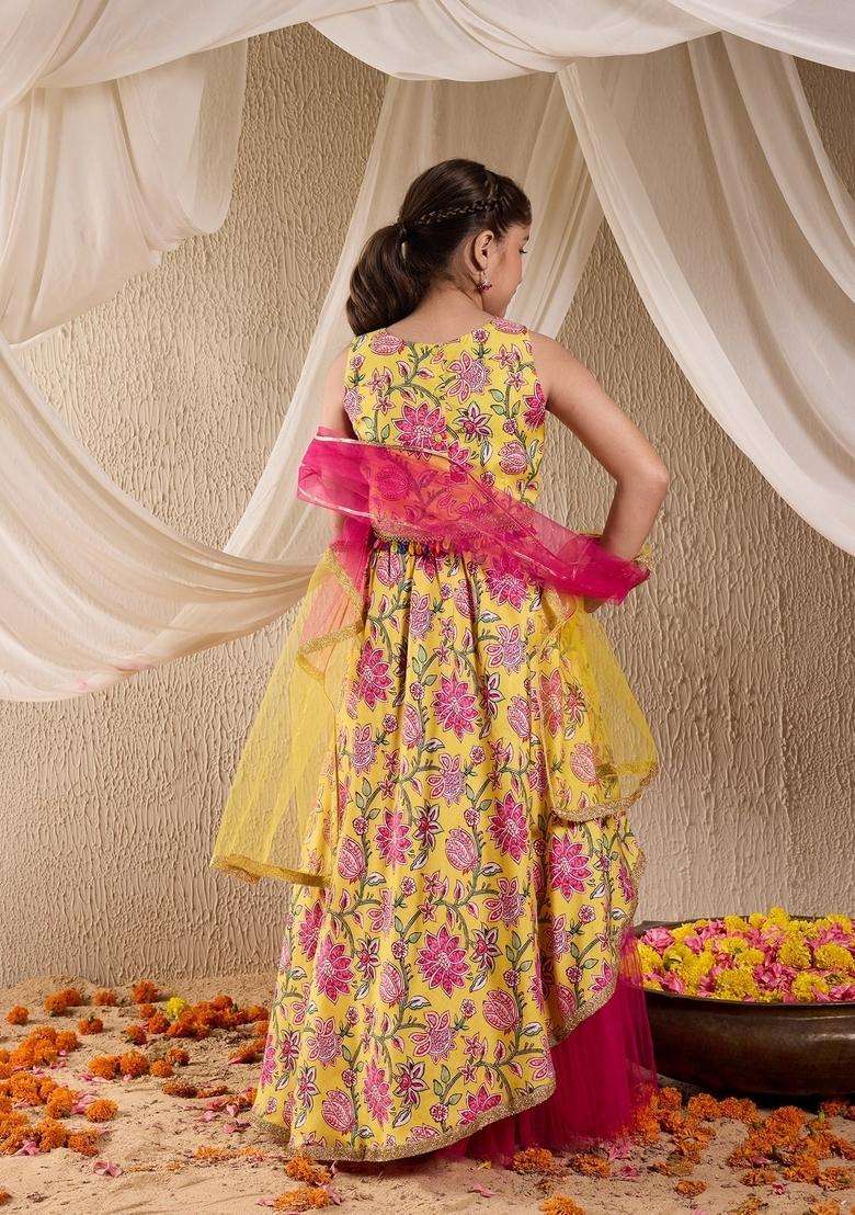 Yellow Floral Print Cotton Lehenga Choli For Girl - Indya