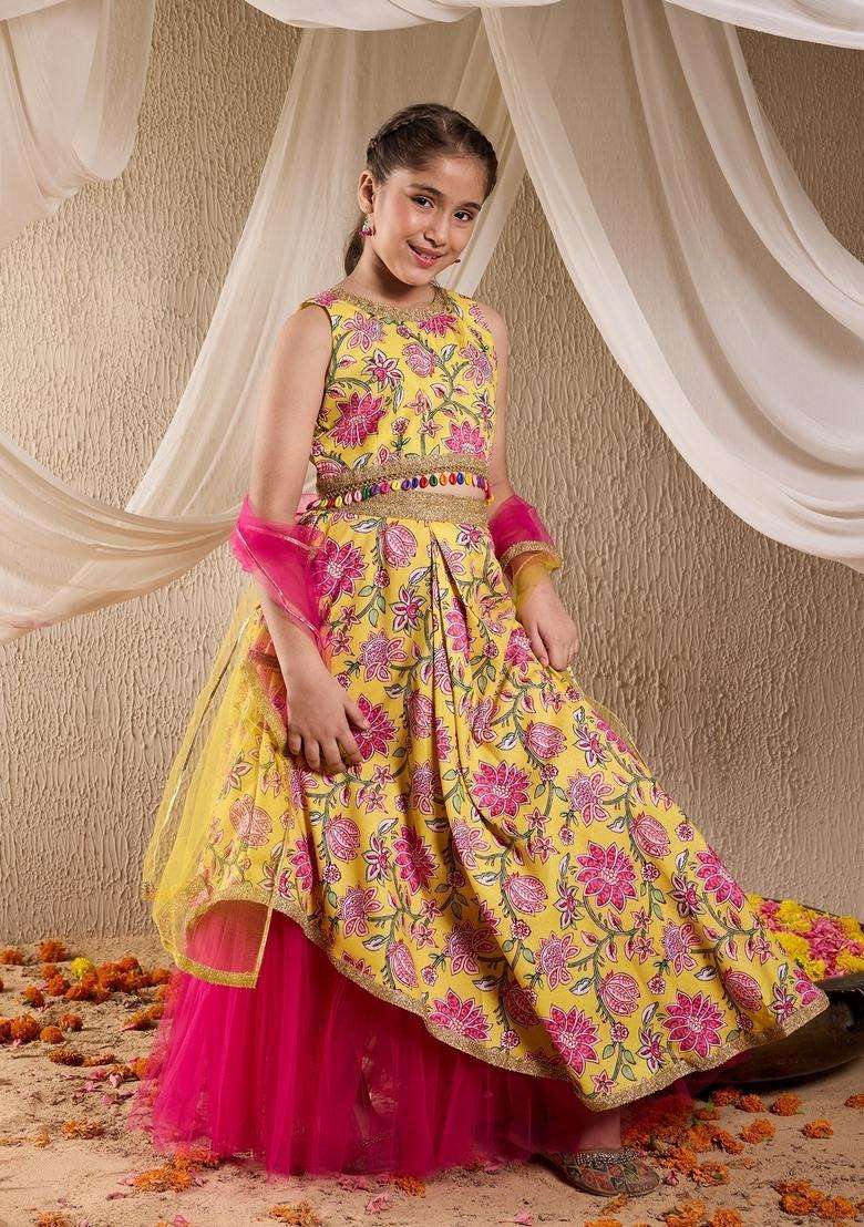 Yellow Floral Print Cotton Lehenga Choli For Girl - Indya