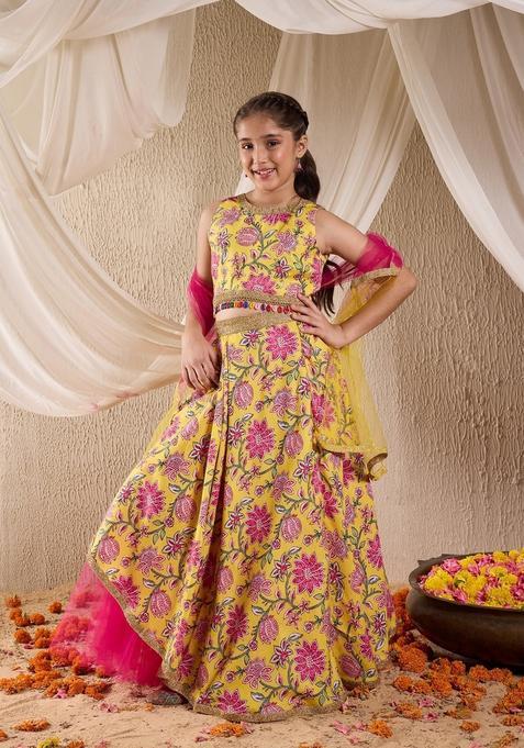 Yellow Floral Print Cotton Lehenga Choli For Girl