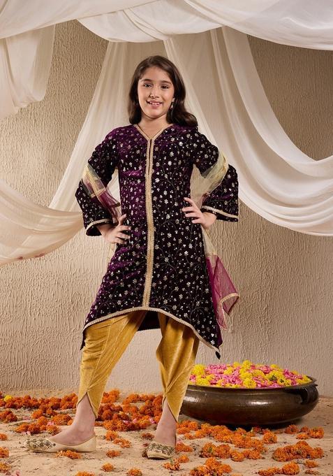 Purple Floral Print Viscose Dhoti Set For Girl