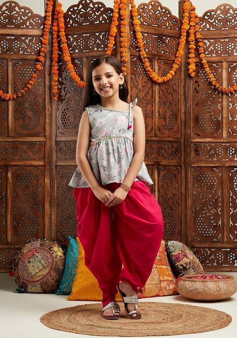 Grey Floral Print Viscose Dhoti Set For Girl — view on Indya