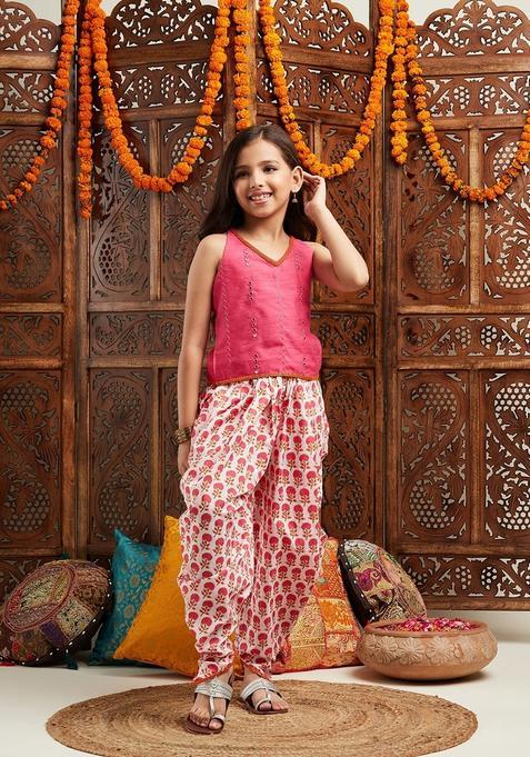 Pink Floral Print Blended Dhoti Set For Girl