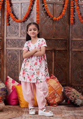 Peach Floral Print Cotton Dhoti Set For Girl