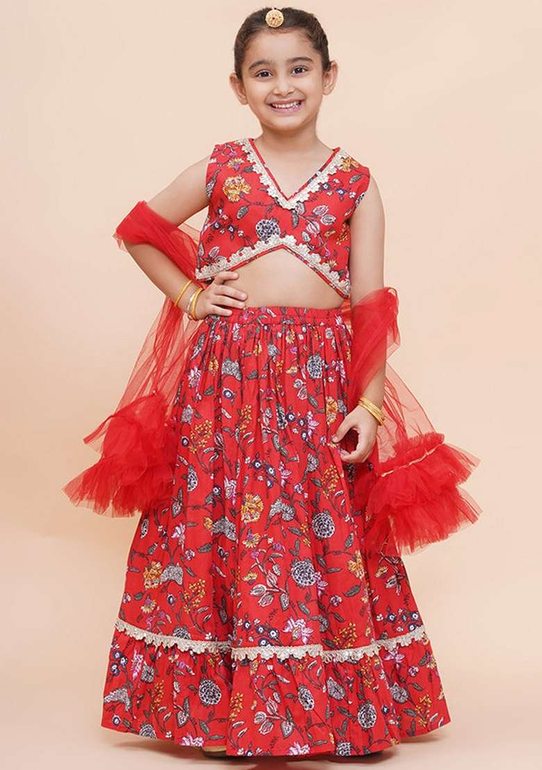 Red Embellished Cotton Lehenga Set For Girls - Indya